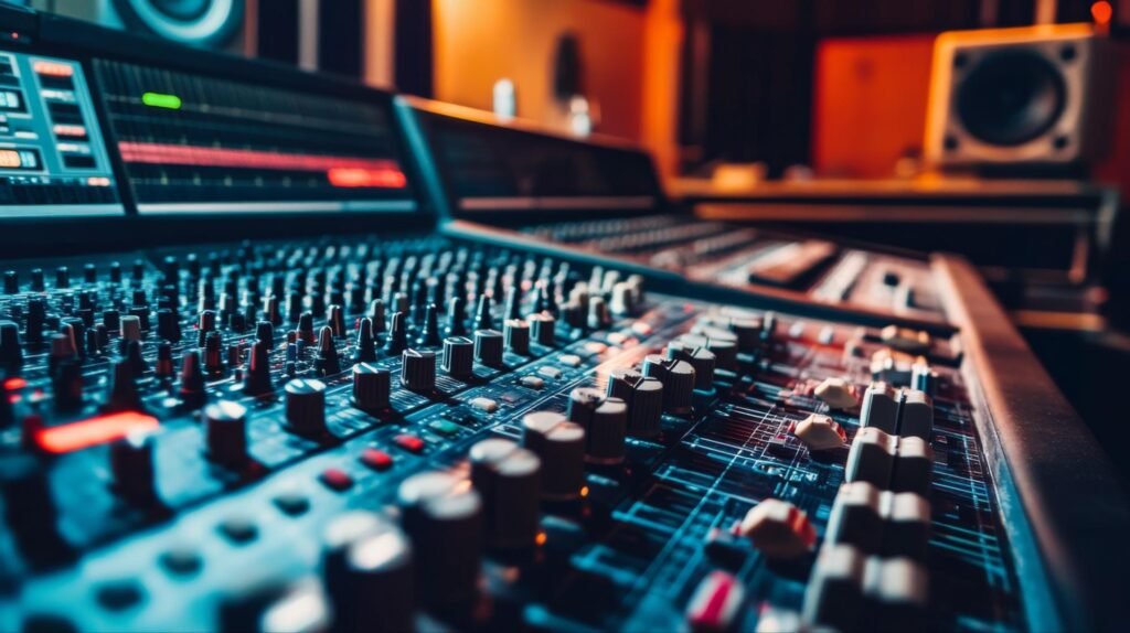 Close-up of a high-end audio mixing console in a professional recording studio, ensuring premium audiobook production and mastering.