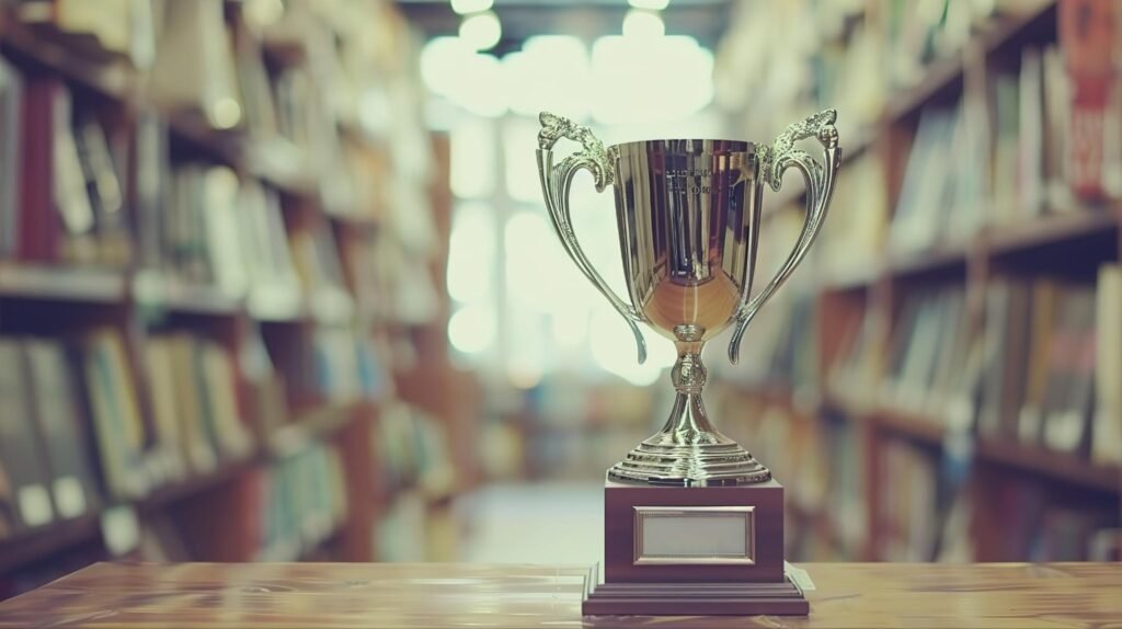 A shiny gold trophy placed in a library, symbolizing success in book publishing and literary achievements.