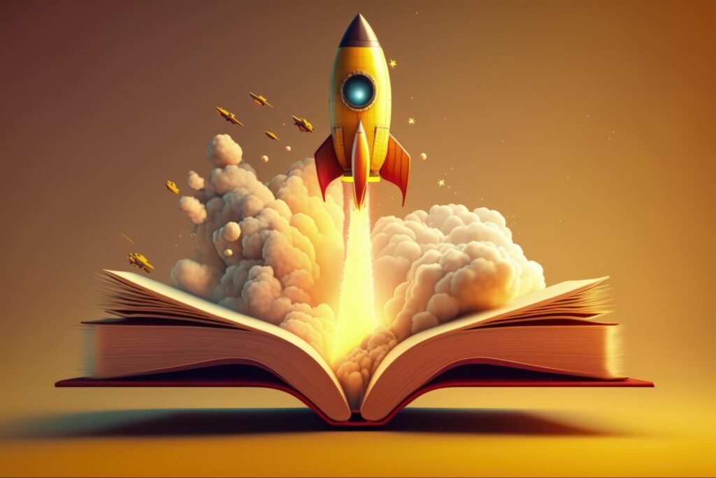 A rocket launching from an open book, symbolizing powerful book marketing strategies for maximum visibility and sales growth.