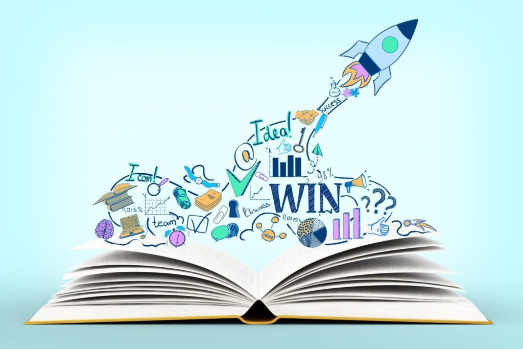 An open book with creative marketing icons, a rocket launching, and success-related visuals, representing strategic book marketing and promotion.