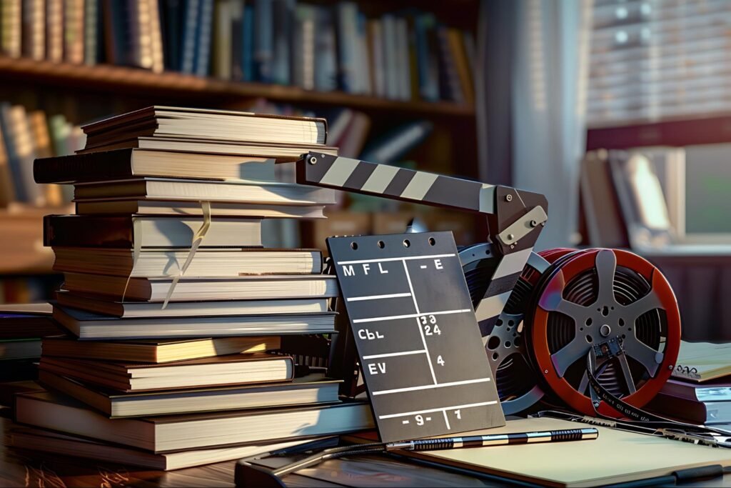 A stack of books with a film clapperboard and movie reels, symbolizing cinematic book trailers for effective book marketing.