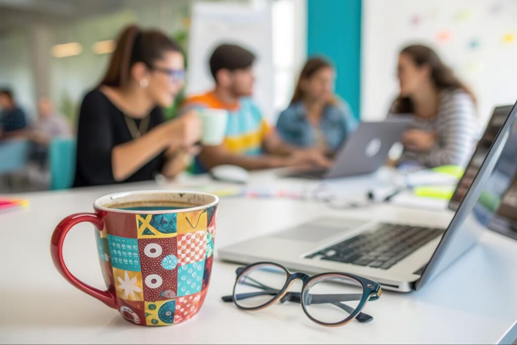 A creative ghostwriting team collaborating in a professional yet relaxed workspace, with a laptop and coffee cup on the desk.