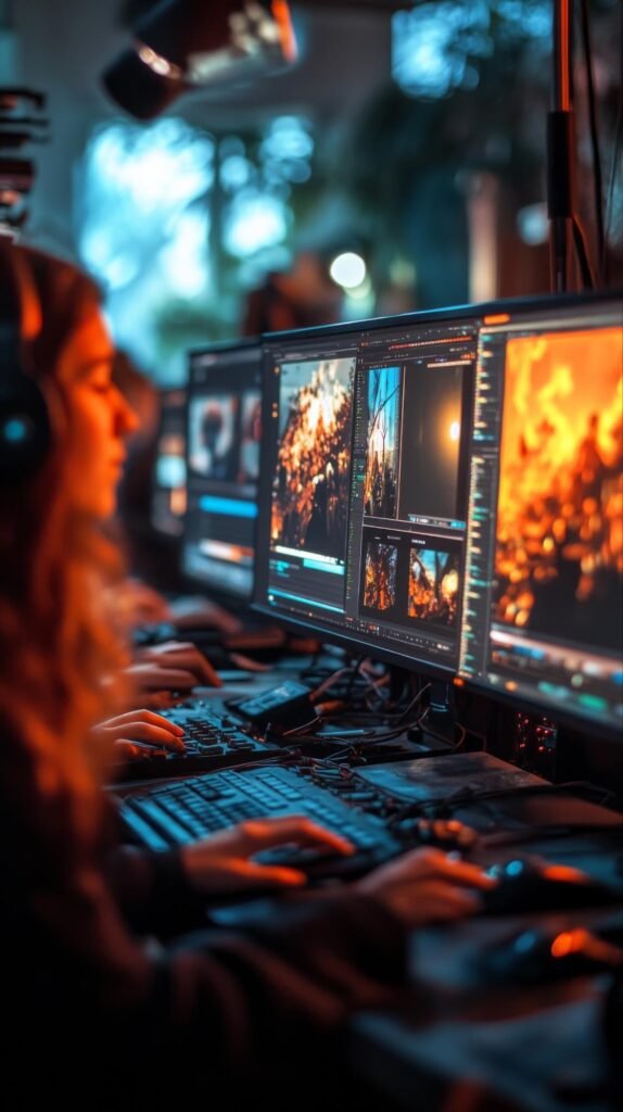A professional video editor working on a cinematic book trailer with advanced editing software.