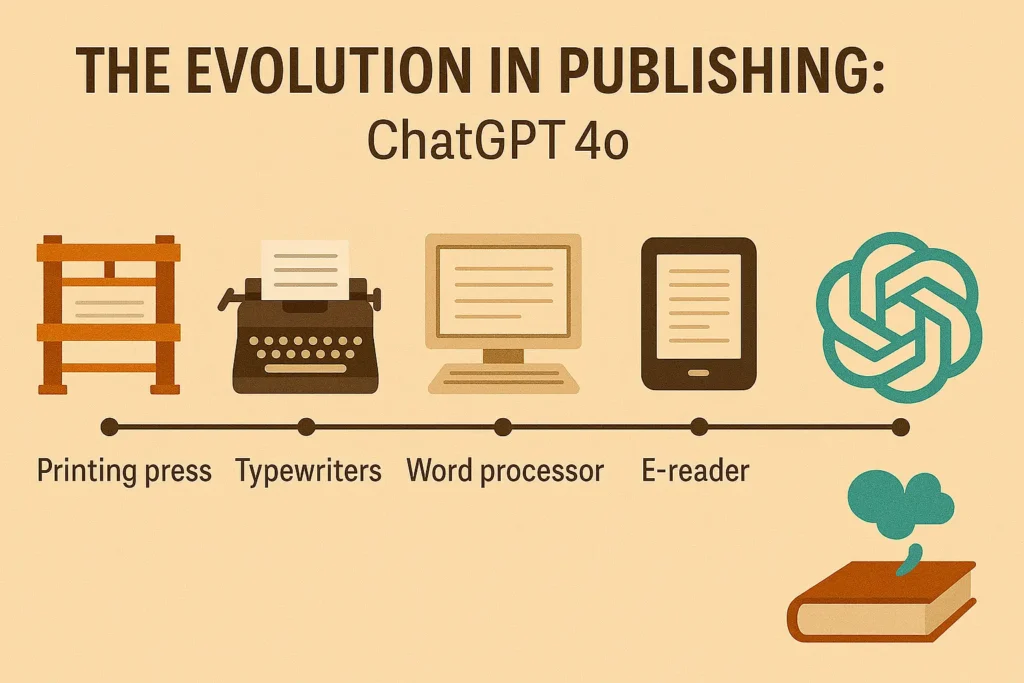 Author using ChatGPT 4.0 to help write and publish a book, showing AI-assisted book publishing workflow on computer screen with manuscript pages and published books nearby