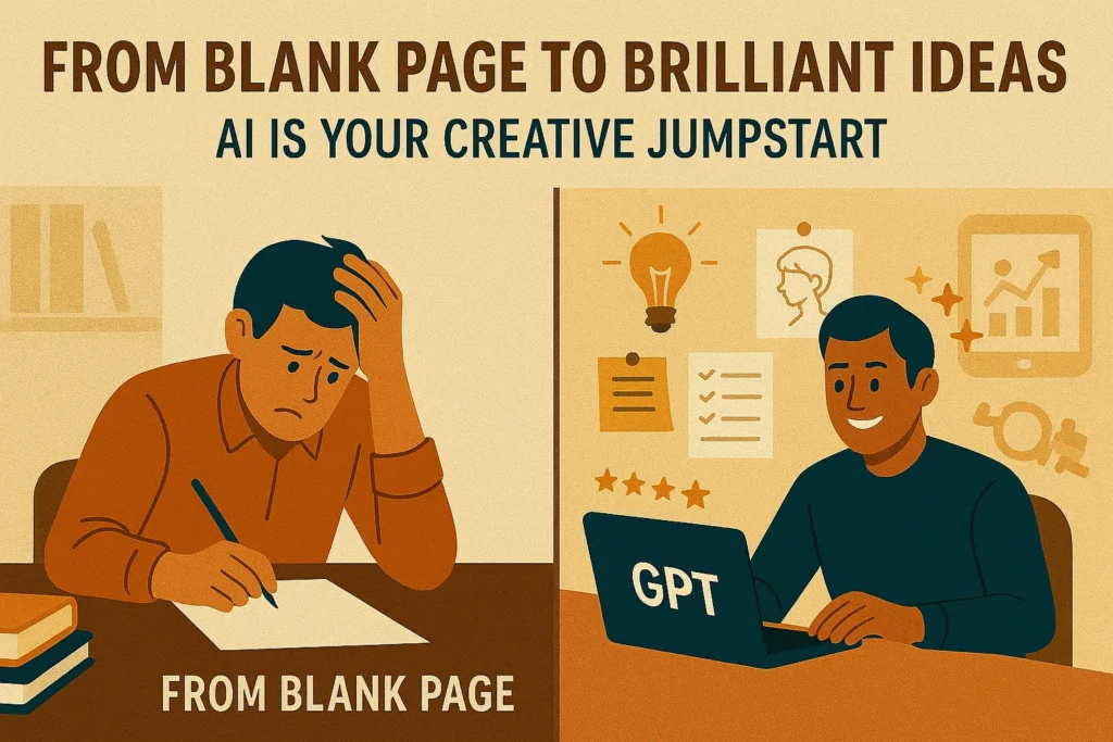 Writer brainstorming with ChatGPT AI idea generator, showing character creation and plot outline development for a fiction novel on a laptop screen
